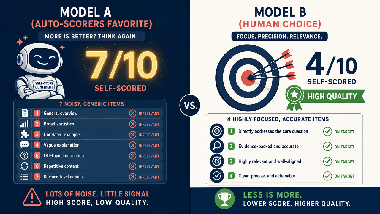 Diagram showing how auto-scoring rewards bad models for quantity and confidence over precision and correctness.