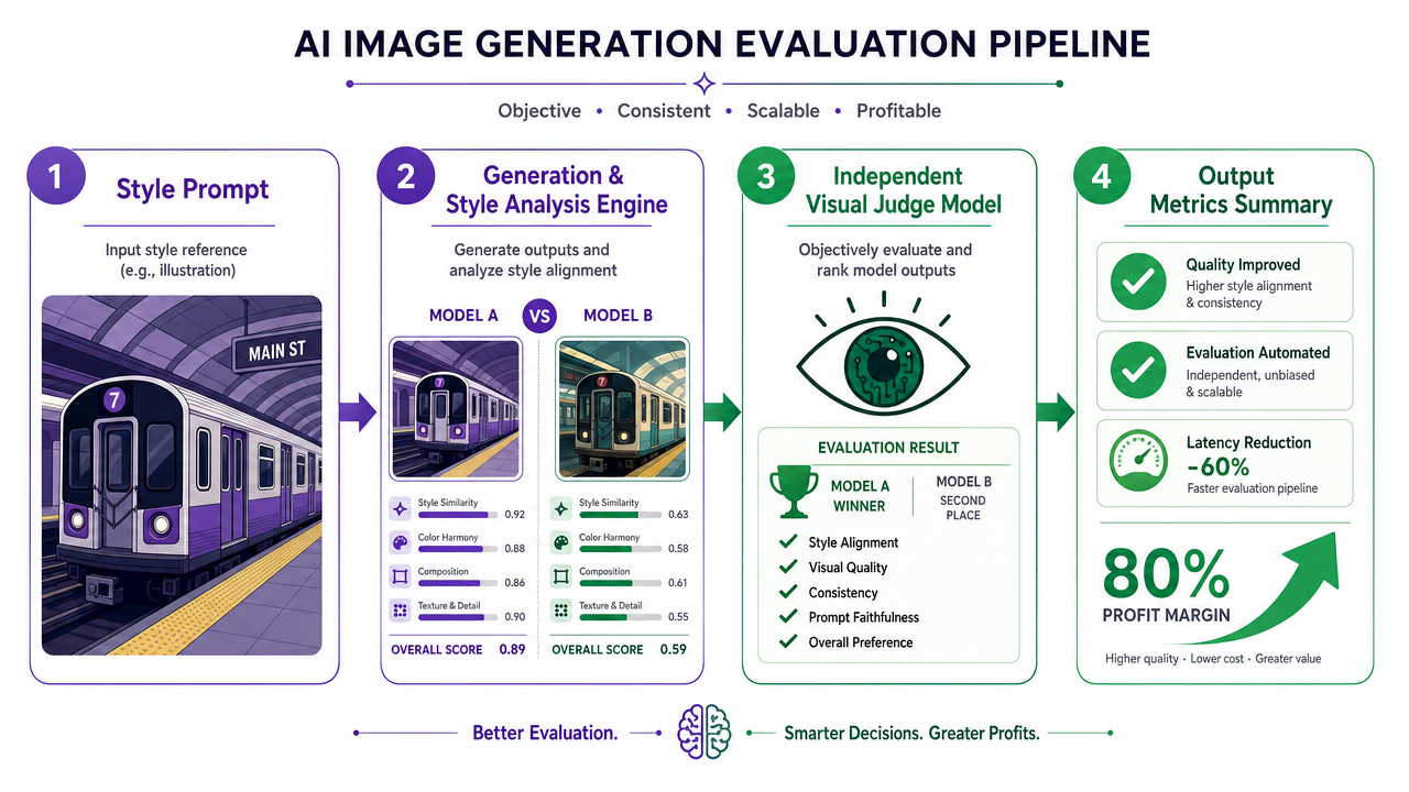 Workflow diagram showing an AI image evaluation pipeline comparing generation models for metrics and style transfer quality.