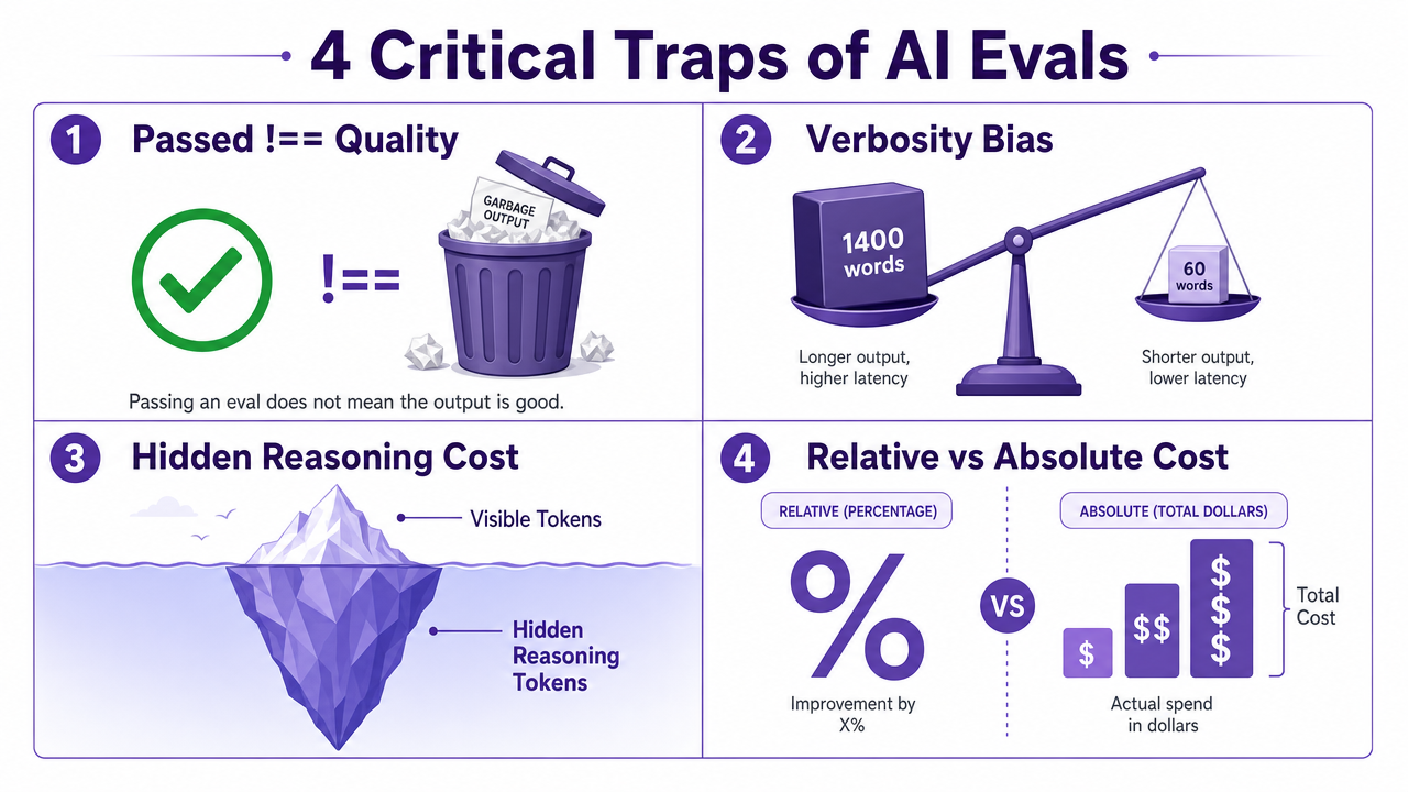 A 2x2 grid infographic detailing key traps in running AI evaluations, including hidden reasoning tokens and verbosity distortions.