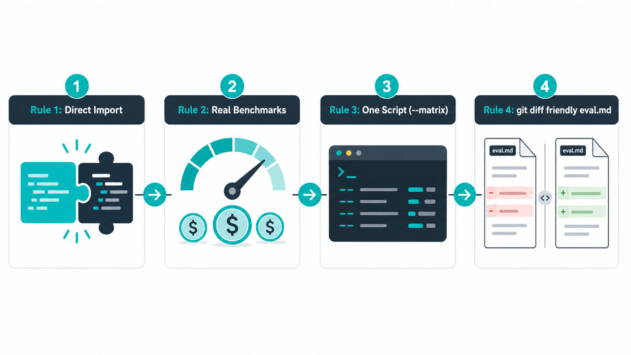 Visual schematic depicting the core design principles of a lightweight one-file AI evaluation architecture.