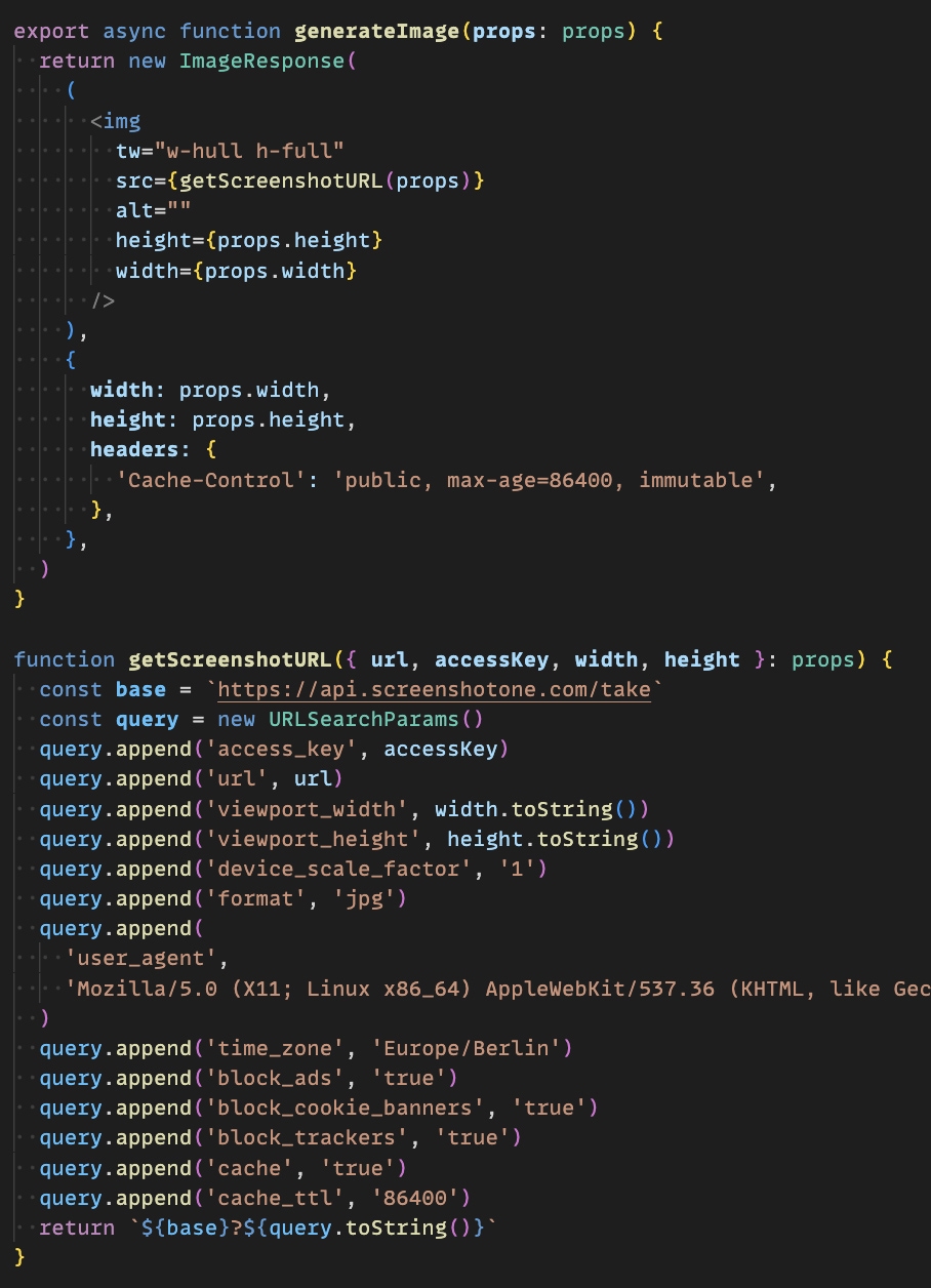 Source code with vercel/og in Next.js using ScreenshotOne's Screenshot API