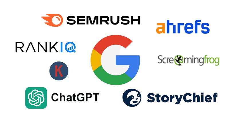 best seo tools: SEMrush, Ahrefs, RankIQ, Screamingfrog, Keywords everywhere, ChatGPT, Storychief logo