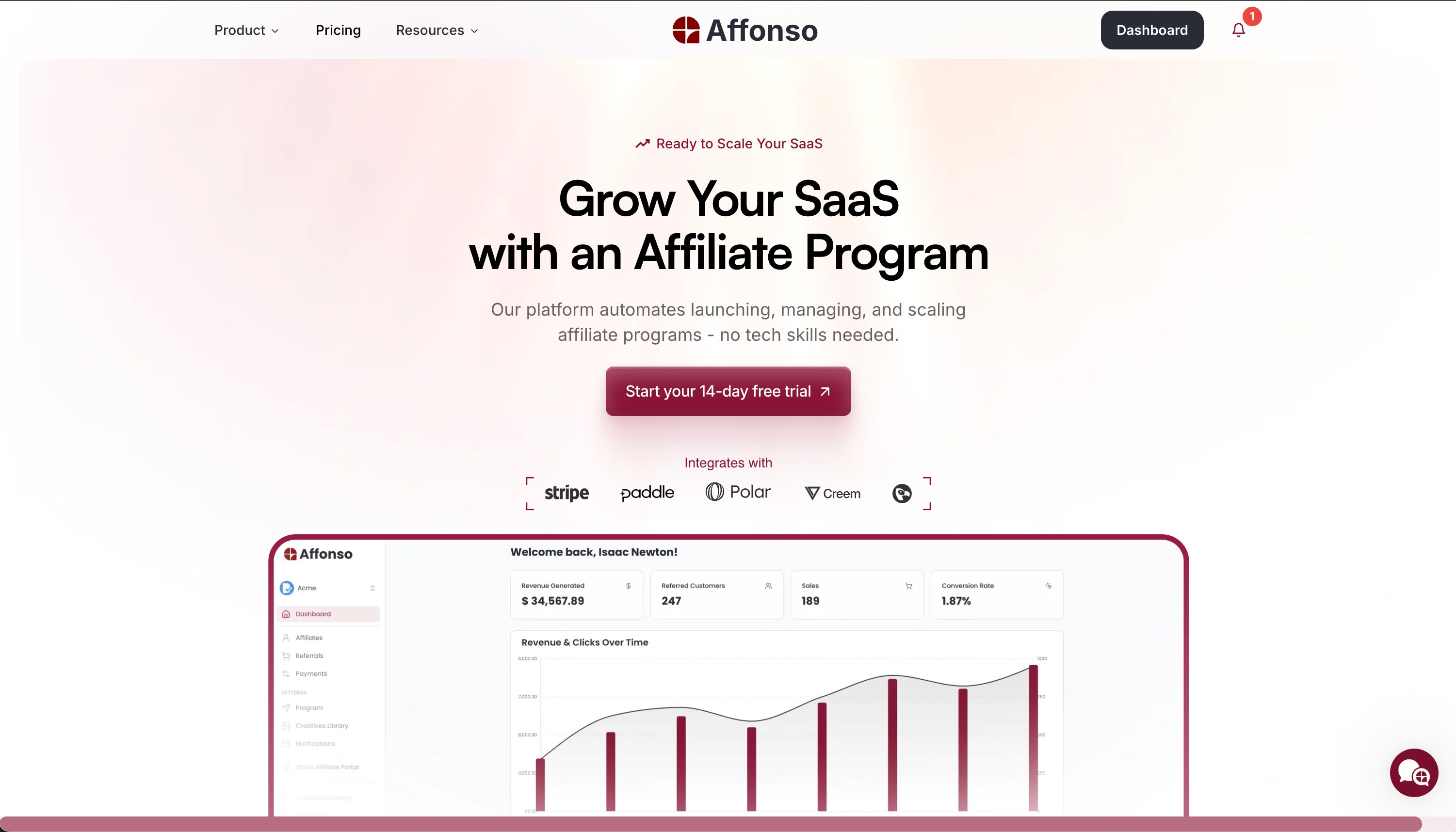 Affonso homepage showing modern SaaS affiliate platform with dashboard preview displaying revenue metrics, KPIs, and analytics graphs