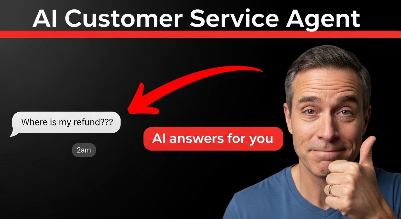 YouTube thumbnail, 16:9.  Headline: "AI Customer Service Agent" On the right, a tired founder with a thumbsup On the left, a single chat message "Where is my refund???" with the time at 2am. A red arrow pointing "AI answers for you" to the chat Black background
