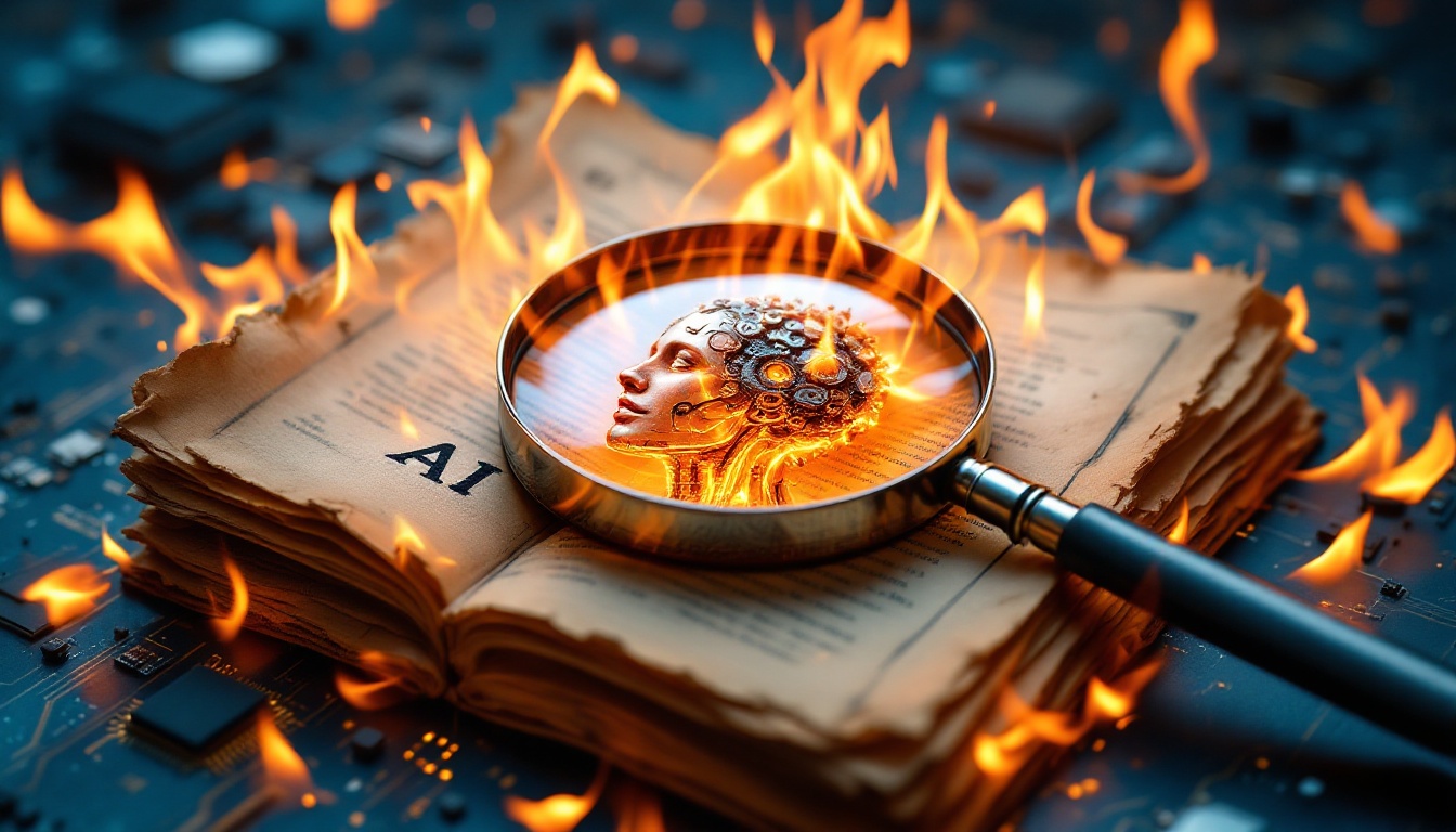 A magnifying glass examining text, symbolizing the detection of AI-generated content