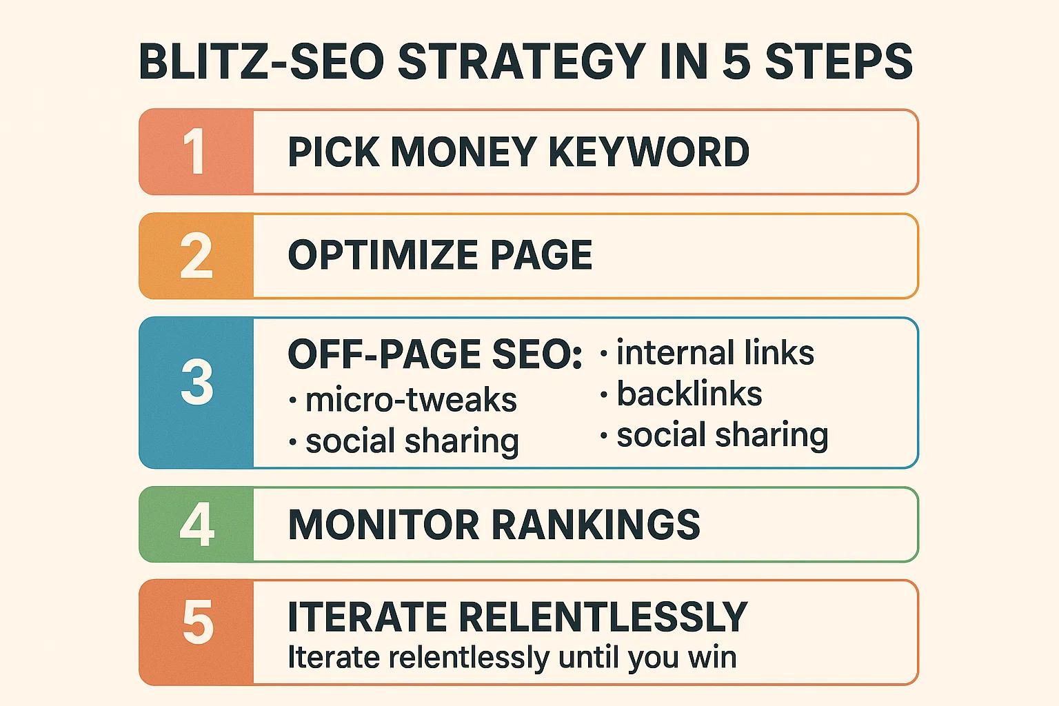 Blitz-SEO Strategy in 5 Steps: 1. Pick Money Keyword, 2. Optimize Page, 3. Off-Page SEO (internal links, backlinks, social sharing, micro-tweaks), 4. Monitor Rankings, 5. Iterate Relentlessly