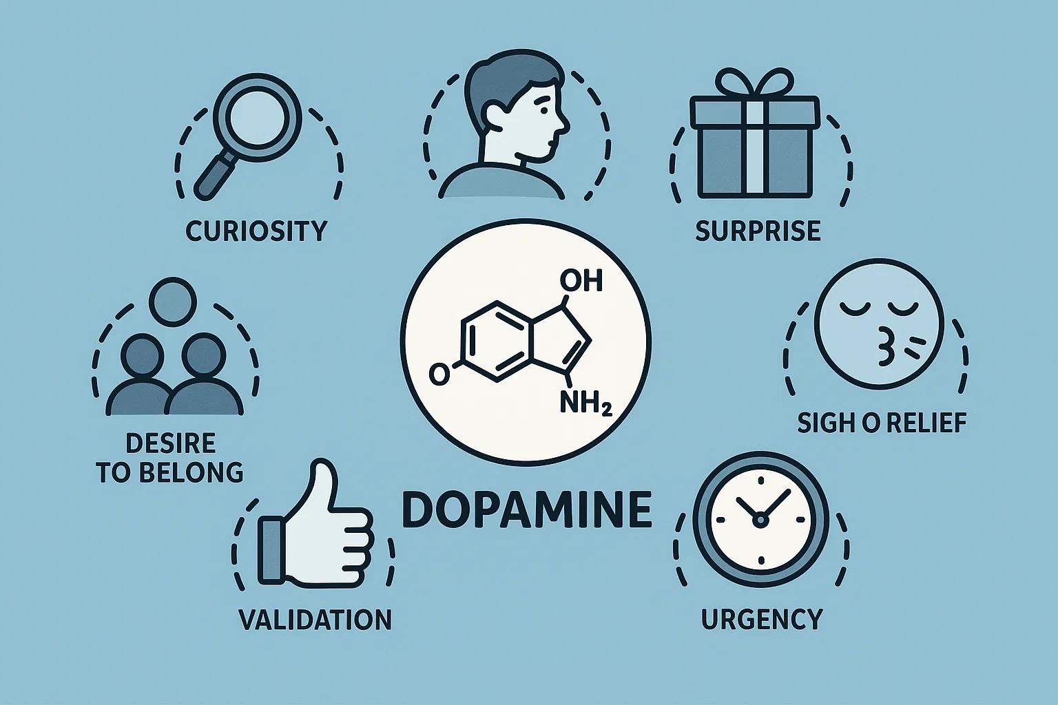 Central dopamine icon surrounded by icons: magnifying glass (curiosity), person looking over shoulder (FOMO), gift box (surprise), sigh of relief, clock (urgency), thumbs-up (validation), group of people (belonging)