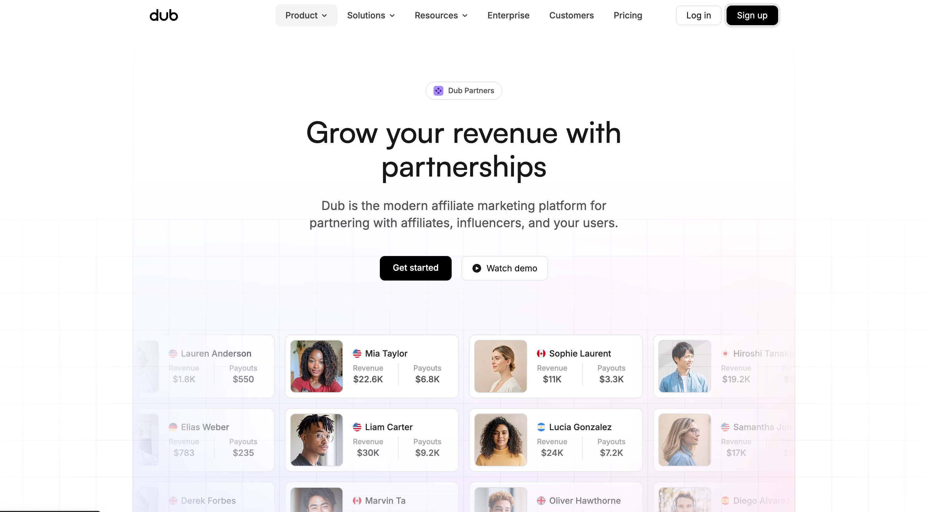 Dub Partners homepage showing modern affiliate marketing platform with partner profiles displaying revenue and payout figures from partners like Mia Taylor ($22.6K revenue), Liam Carter ($30K revenue), and Lucia Gonzalez ($24K revenue)