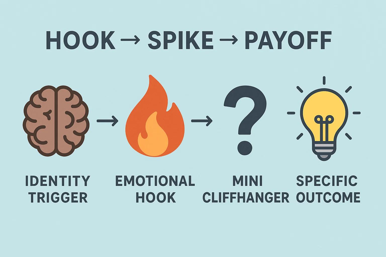 Blitz Copywriting Formula: Hook → Spike → Payoff. Brain icon (Identity Trigger), flame icon (Emotional Hook), question mark (Mini Cliffhanger), lightbulb icon (Specific Outcome).
