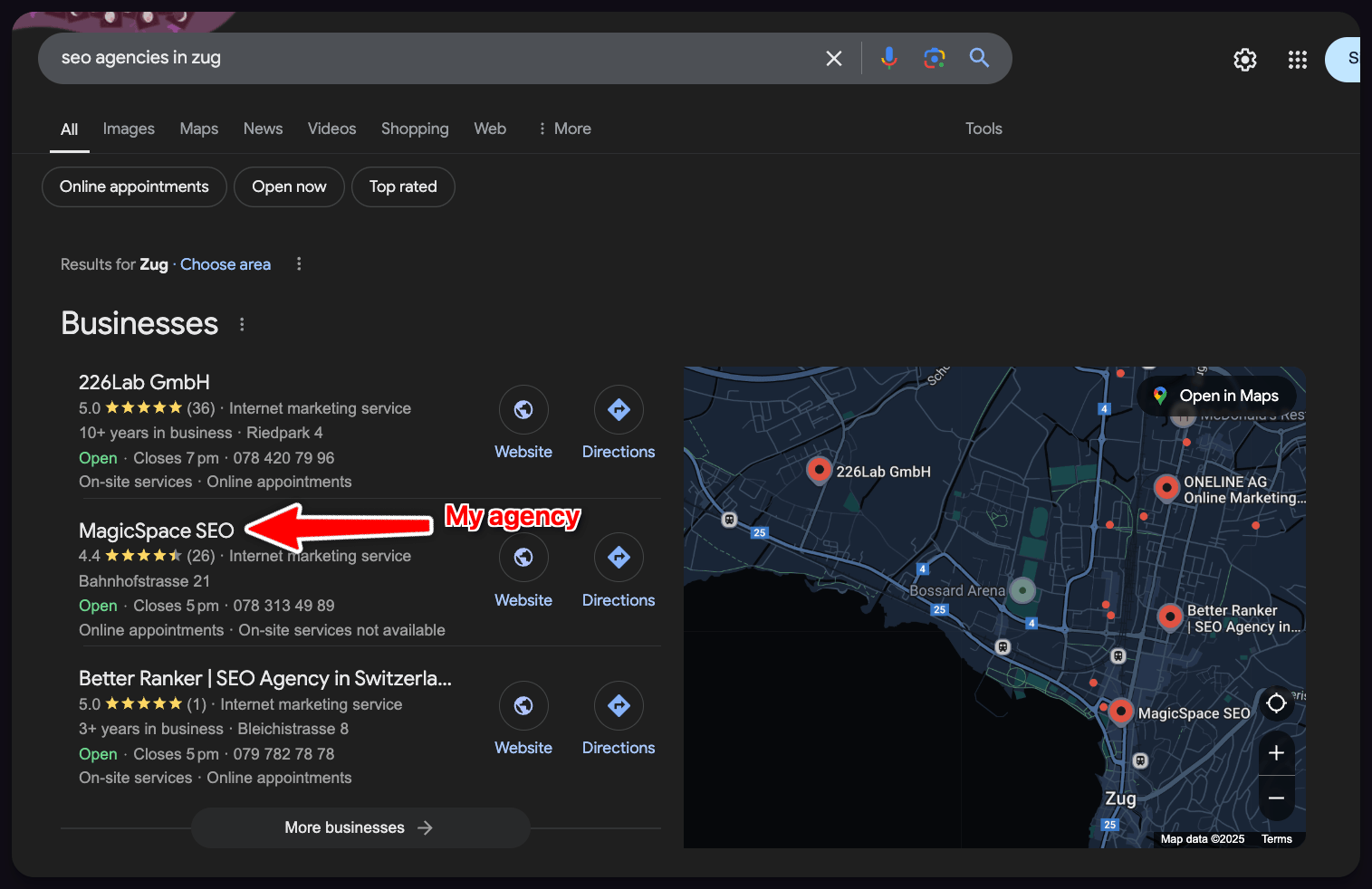 SEO agencies and digital marketing companies in Zug Switzerland shown on Google Maps with local business listings and street navigation