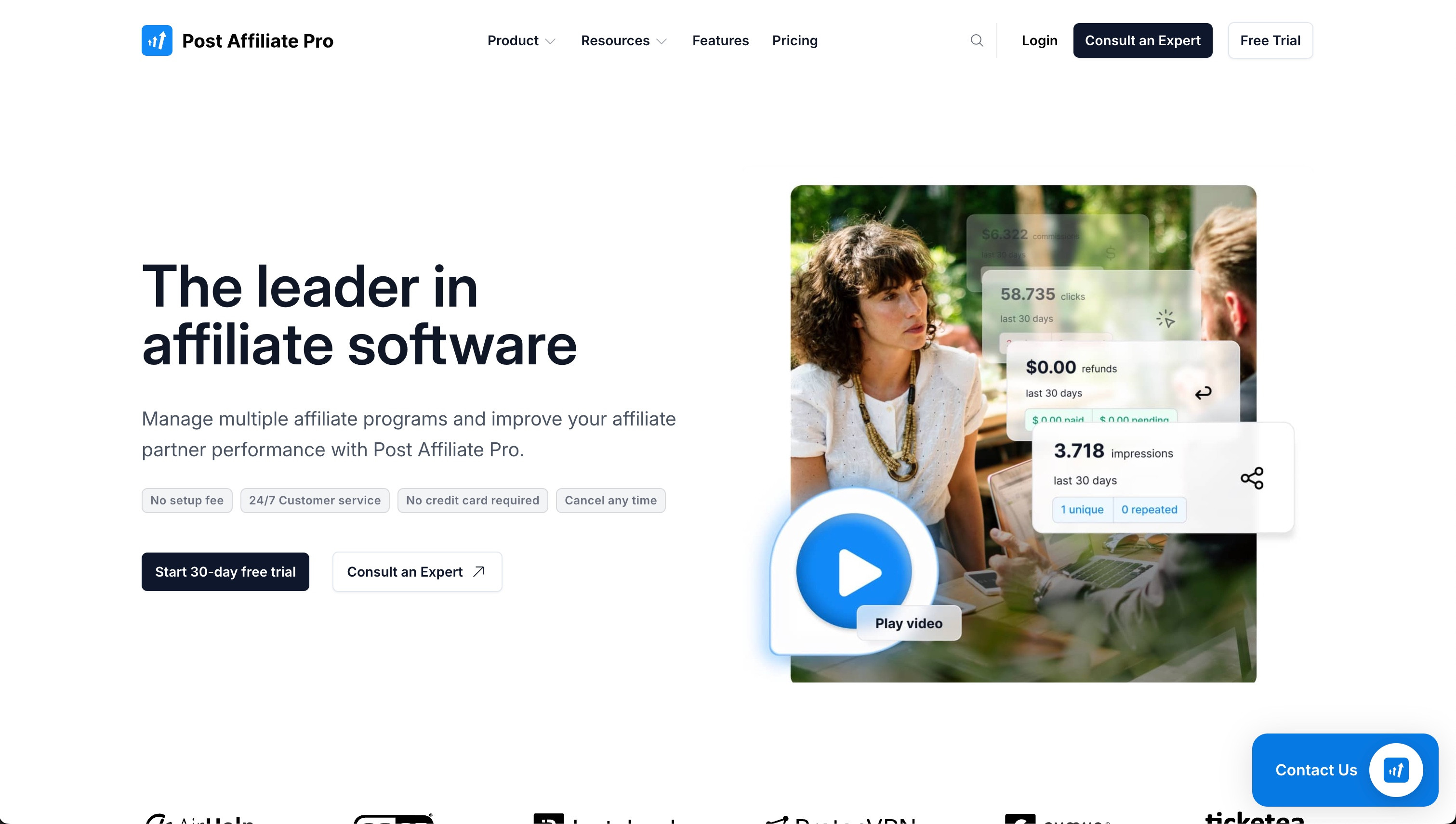 Post Affiliate Pro homepage showing marketing content with headline 'The leader in affiliate software', feature highlights, and dashboard overlay showing affiliate metrics like commissions, clicks, and impressions
