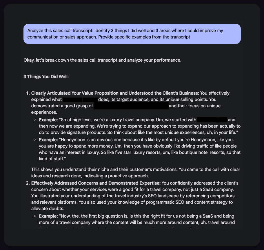 Screenshot of an AI analysis of a sales call performance. The image shows a chat interface with a prompt asking to analyze the transcript and identify 3 strengths and 3 areas for improvement in communication and sales approach. Below the prompt is a detailed response breaking down specific examples of effective value proposition delivery and client understanding.