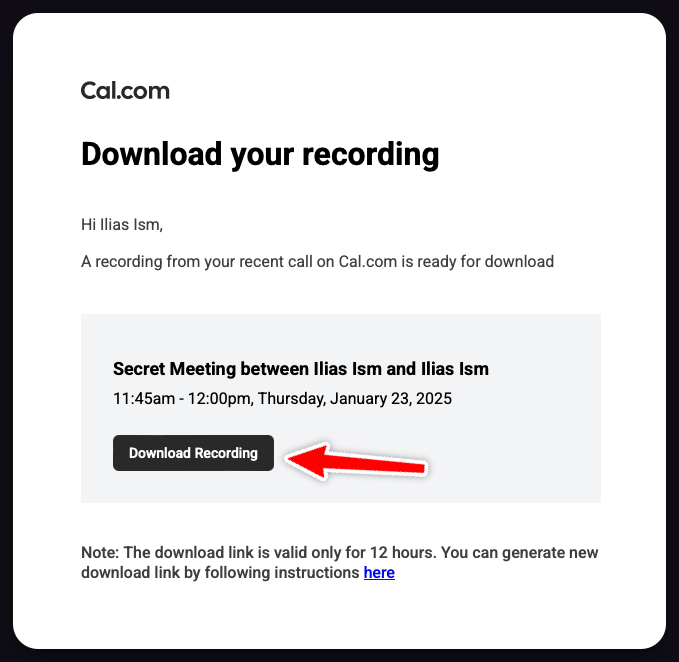 Cal.com recording download page showing a video file ready to be downloaded