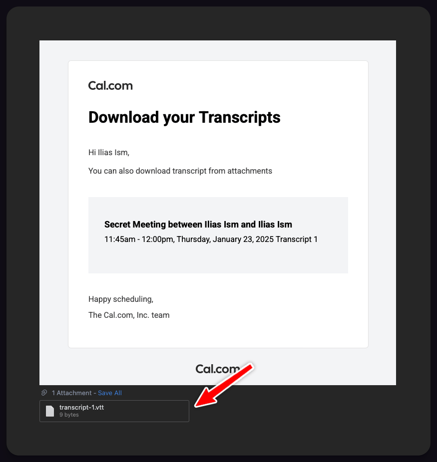 Cal.com transcript download page showing a text file with the conversation transcript