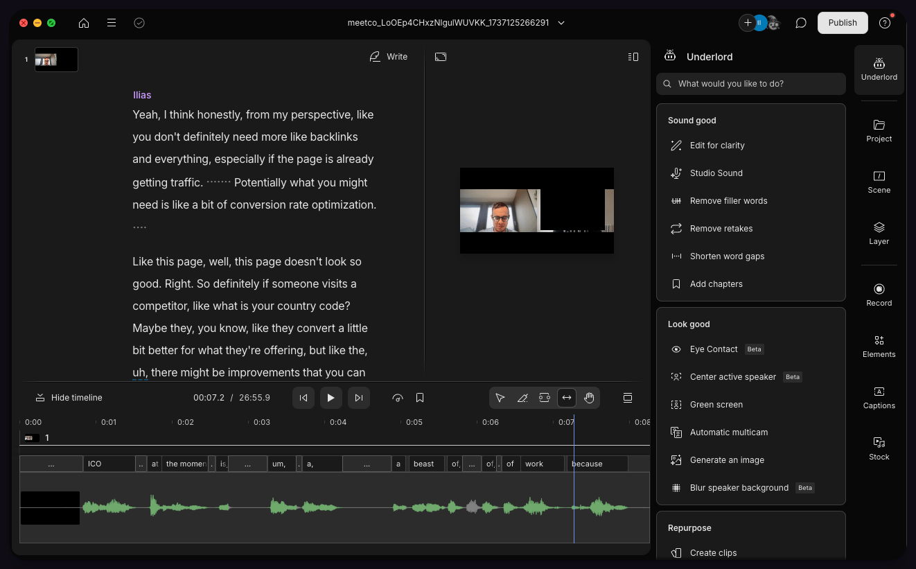 Screenshot of Descript's interface showing a video editing workspace with a transcript panel on the right. The interface displays waveforms, speaker labels, and editable text, demonstrating its transcription and editing capabilities.