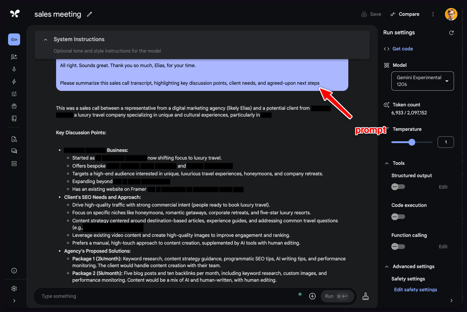 Screenshot of Google AI Studio showing a conversation with Gemini AI. The prompt asks for a summary of a sales call transcript, highlighting key discussion points and next steps. The interface shows the chat window with system instructions and the initial prompt text.