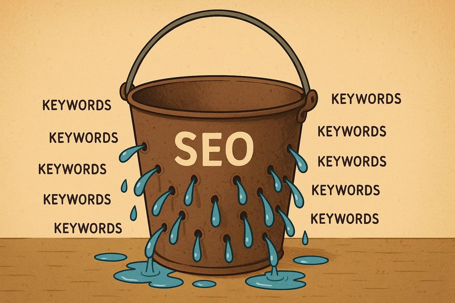 A leaky bucket labeled 'SEO' with water (effort) dripping out through many holes (keywords), symbolizing wasted SEO effort.