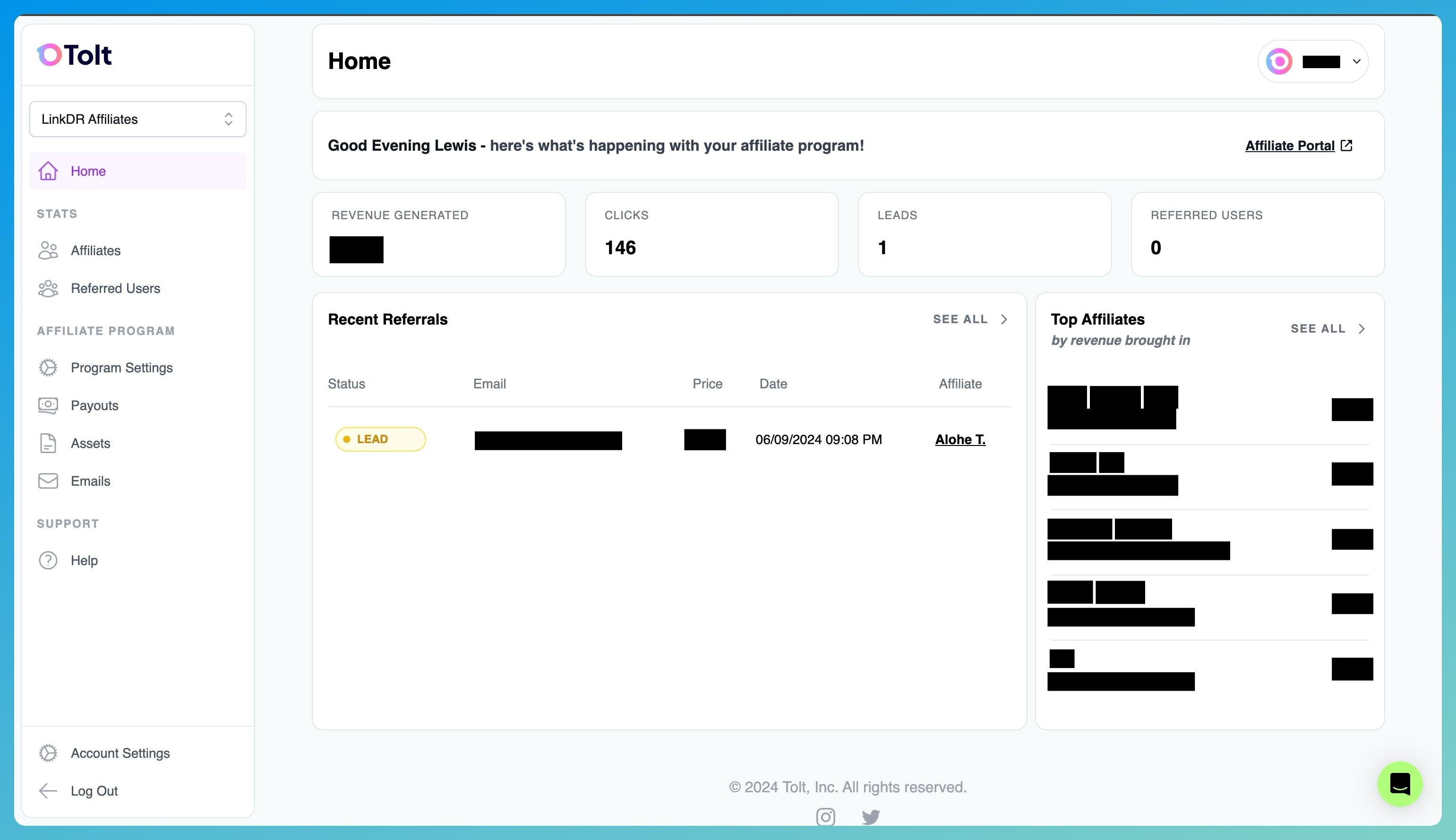 Tolt Dashboard Screenshot