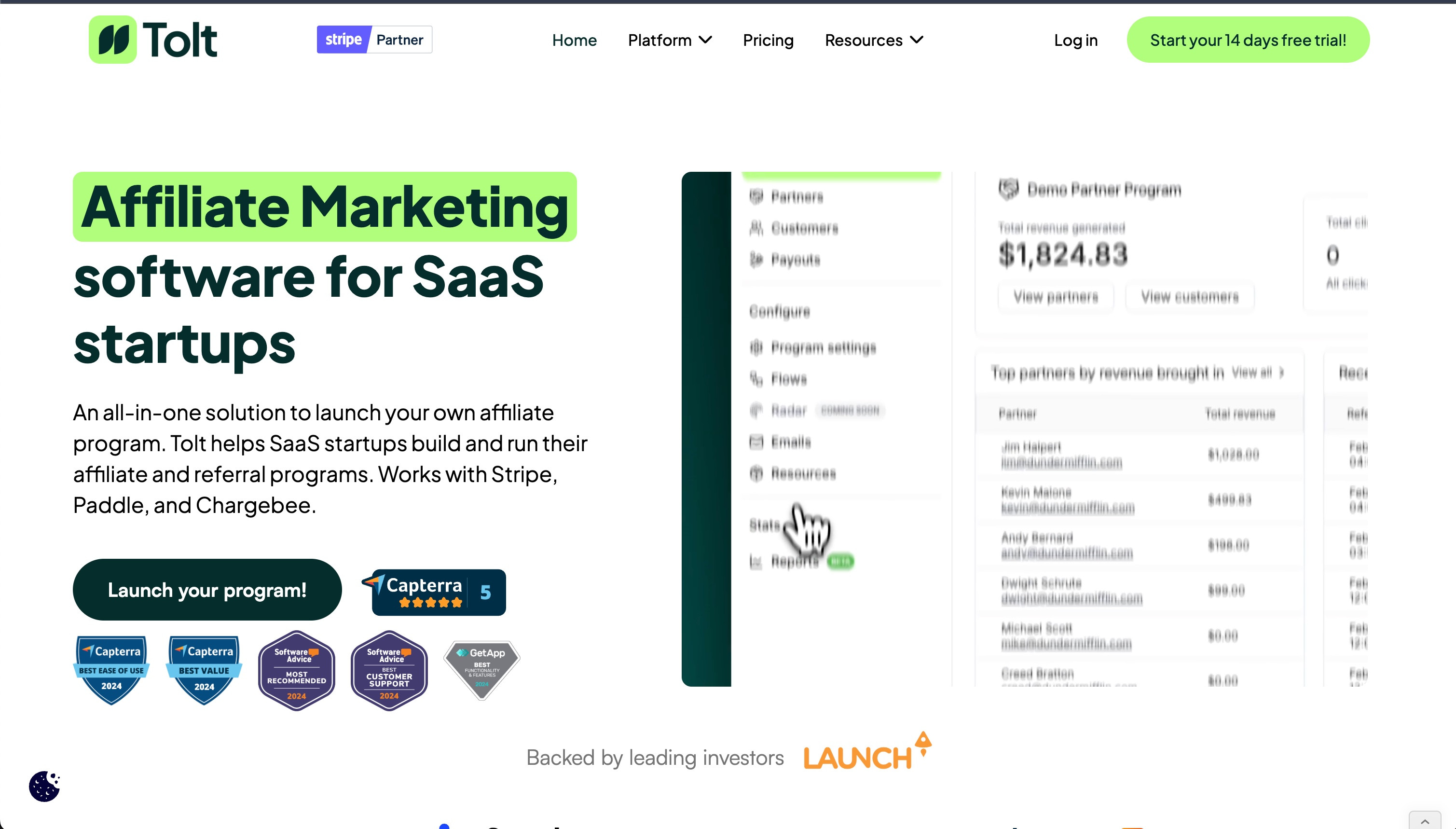 Tolt affiliate platform showing clean interface and commission management