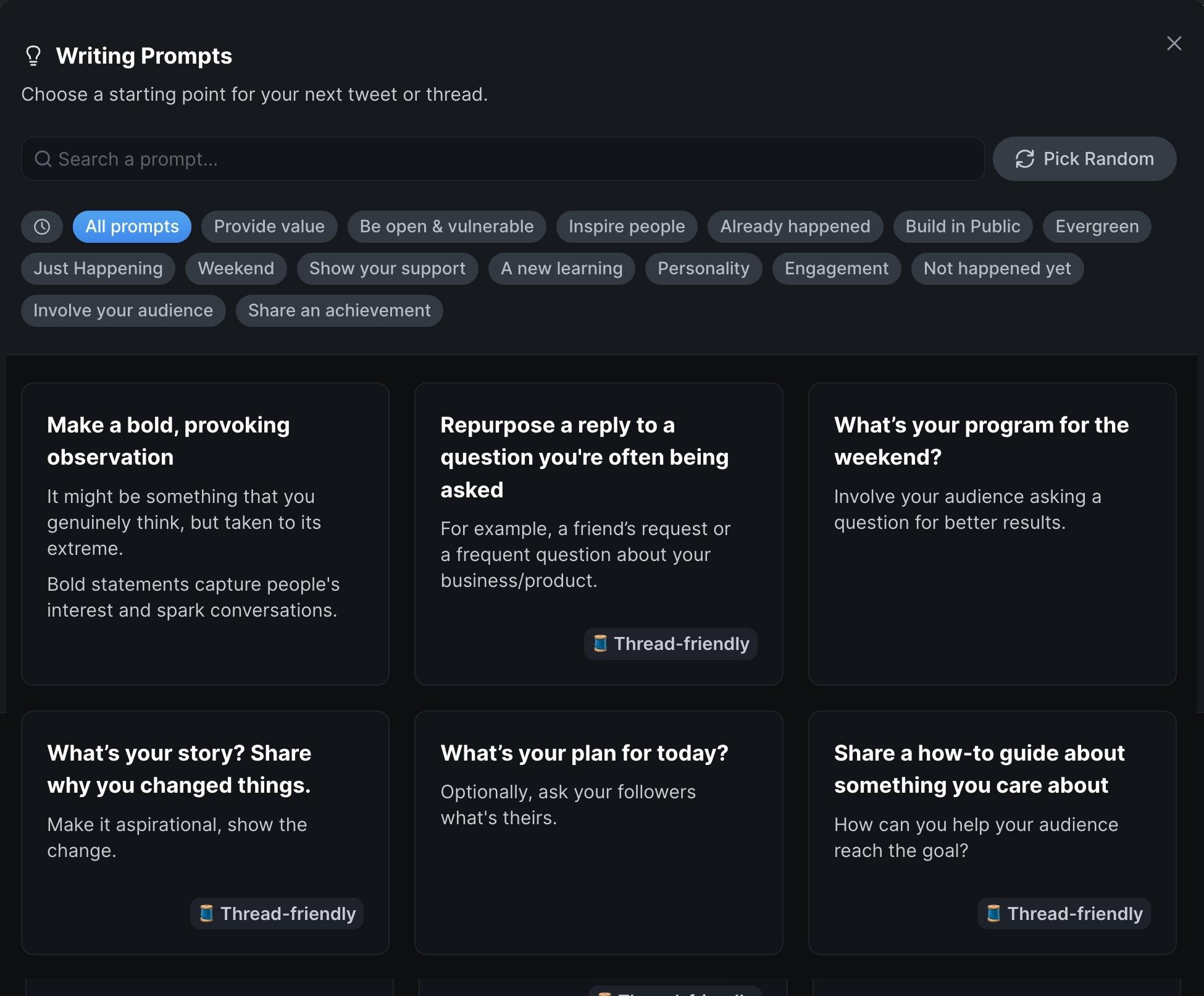 Typefully collected a list of writing prompts to help you get started with your next tweet or thread.