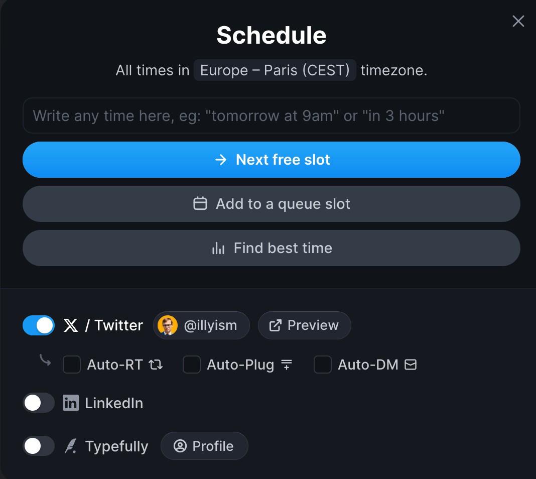 Typefully Schedule: Schedule tweets and threads in advance. Typefully Schedule: Schedule tweets and threads in advance.