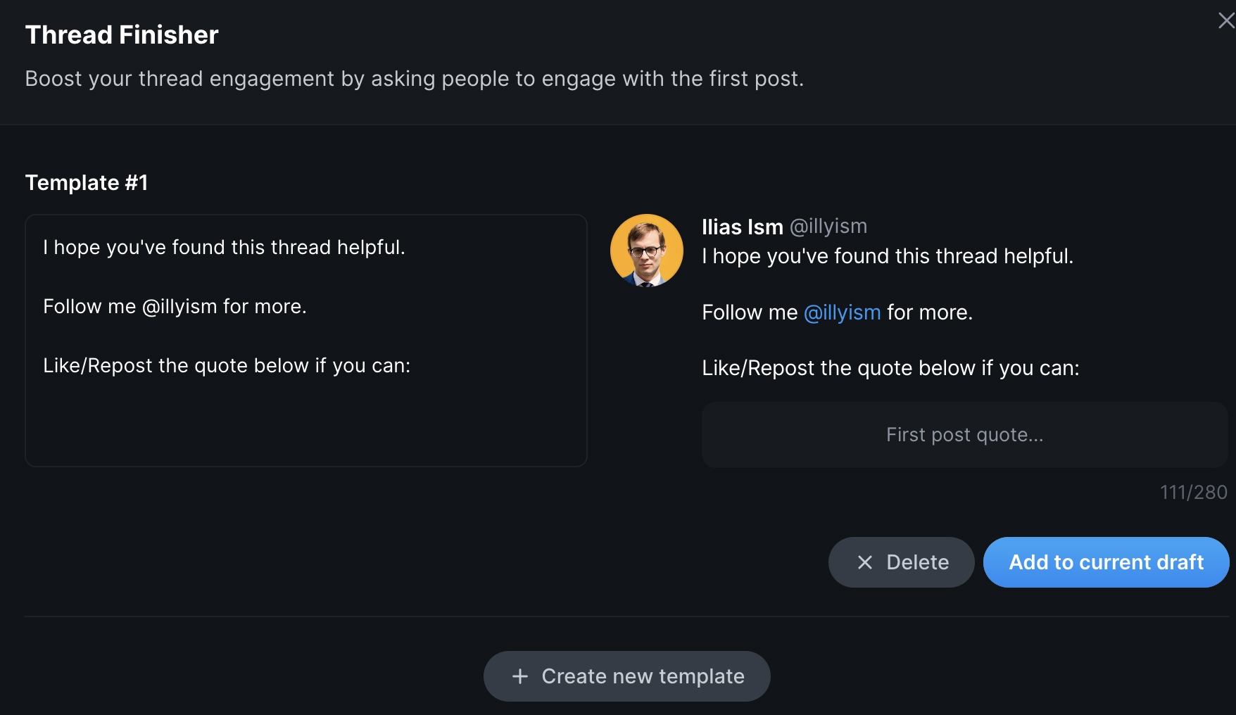 Typefully Thread Finisher: Boost your thread engagement by asking people to engage with the first post. Typefully Thread Finisher: Boost your thread engagement by asking people to engage with the first post.
